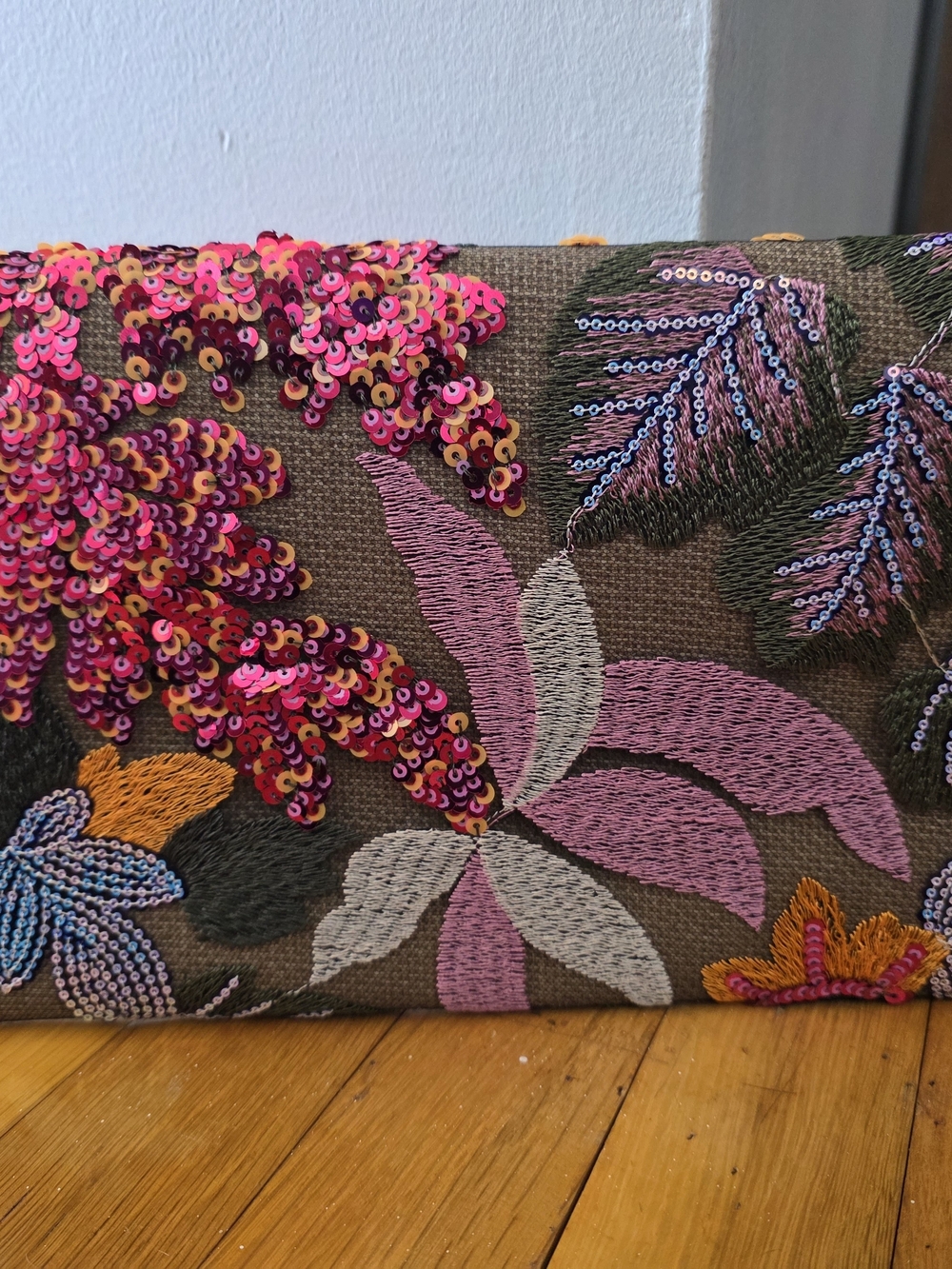 Embroidered Floral Sequin Clutch - Yellow & Purple - Picture 3 of 8